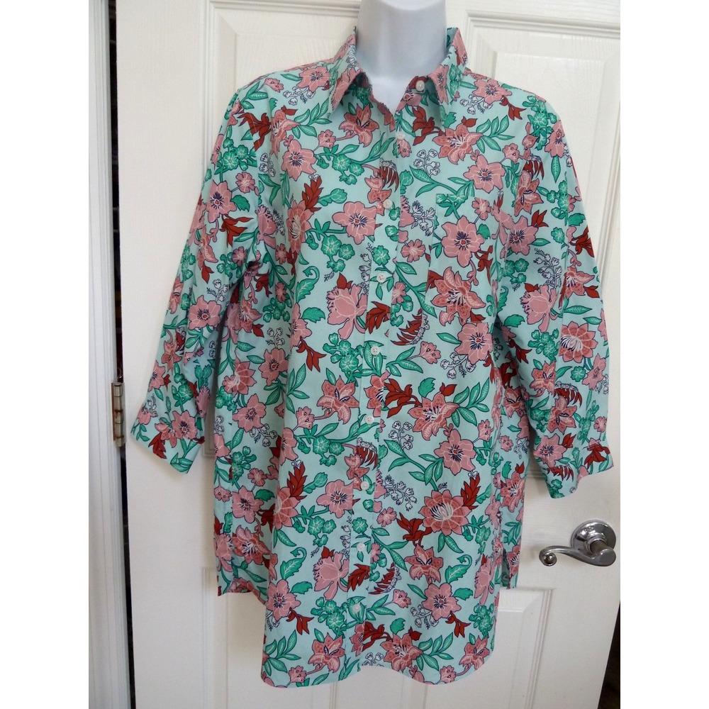 LANDS' END Sz 12 No Iron Supima Cotton Tunic Blouse Floral Colorful 3/4 Sleeve